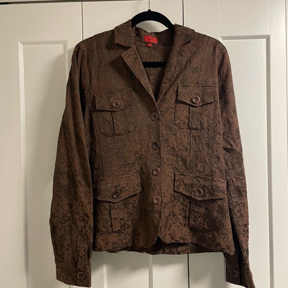 Nadine H German Floral Utility Blazer Jacket Floral Jacquard Cargo European Y2K